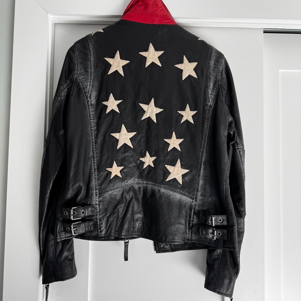 Moto Black Leather Jacket in Vintage Black with Contrasting Stars